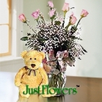 Valentine's Day Gifts for Women - One Dozen Pink Roses & Teddy Bear