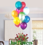 Gift a dozen roses with cute teddy bear & balloon arrangement on this Valentine's Day